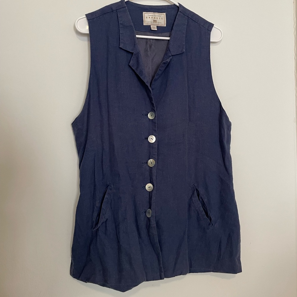 Compagnie Internationale Express Linen Blue Jacket Lined Button Vest Size L